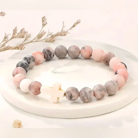 Christian cross bracelet Natural Beaded Cross Bracelet.    7”-9” stretch - Picture 3 of 3